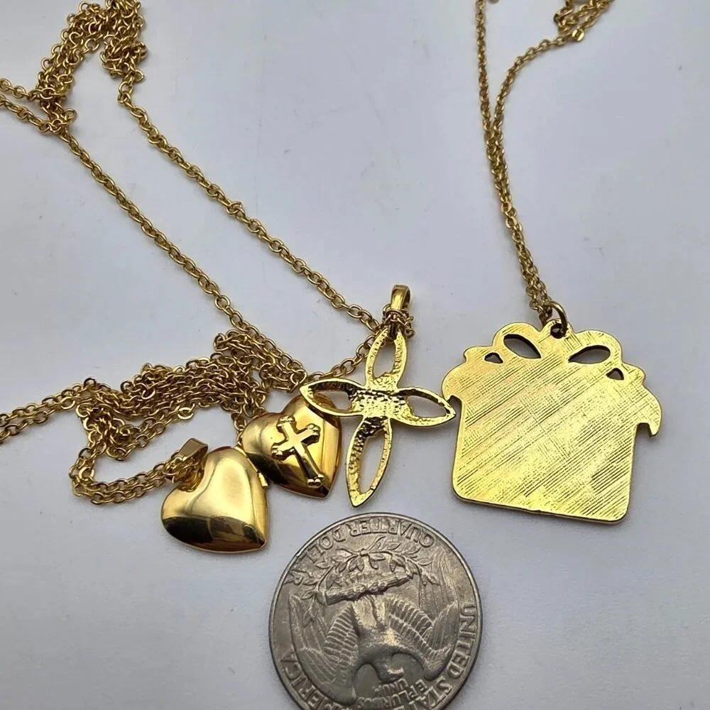 Premier Designs Cross Heart Locket Necklace + 2 Estate Religious Lot Vintage